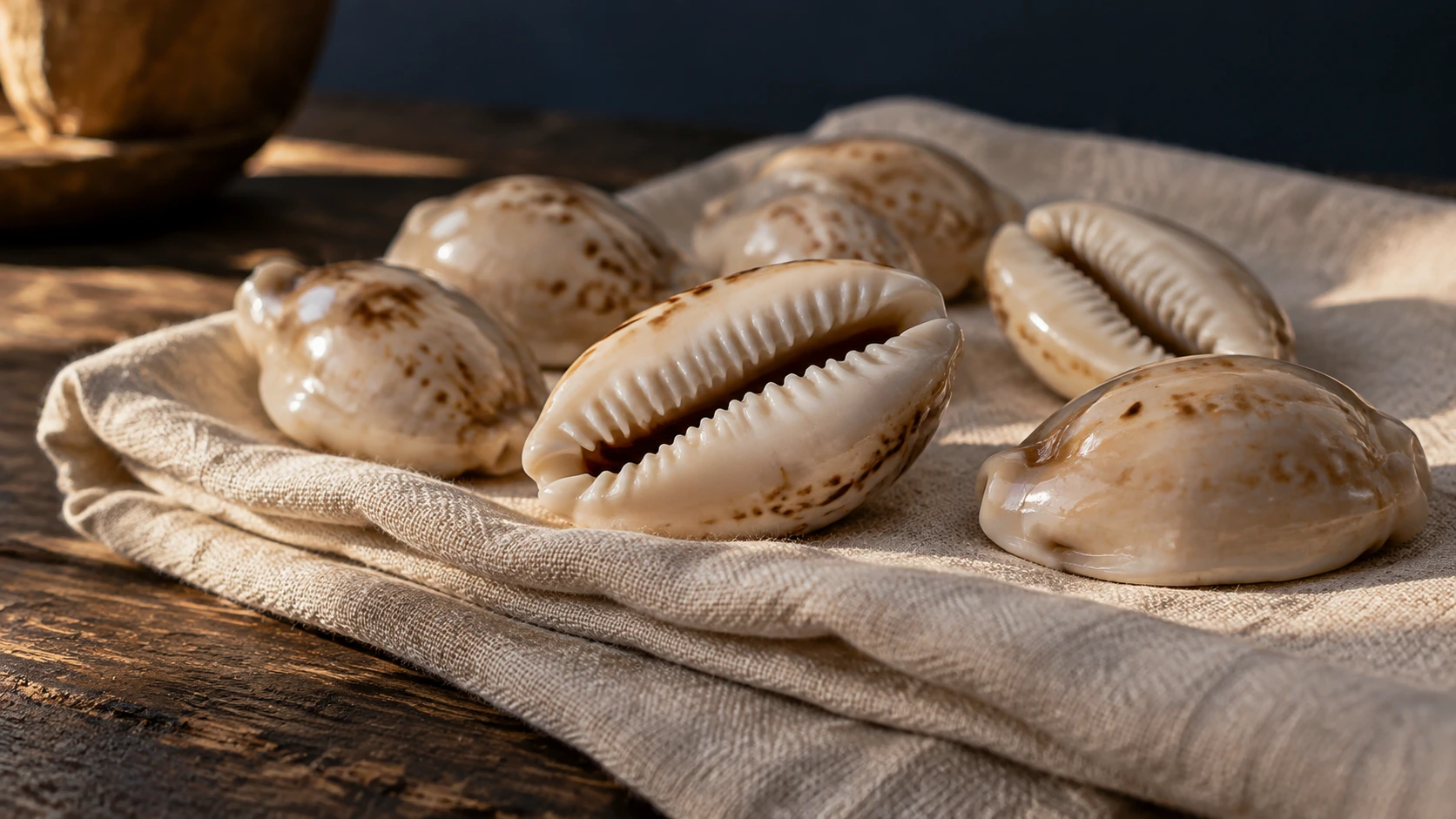Conchas ilustradas em detalhe sobre tecido. Cena gerada por IA, não consulta ou fotografia.