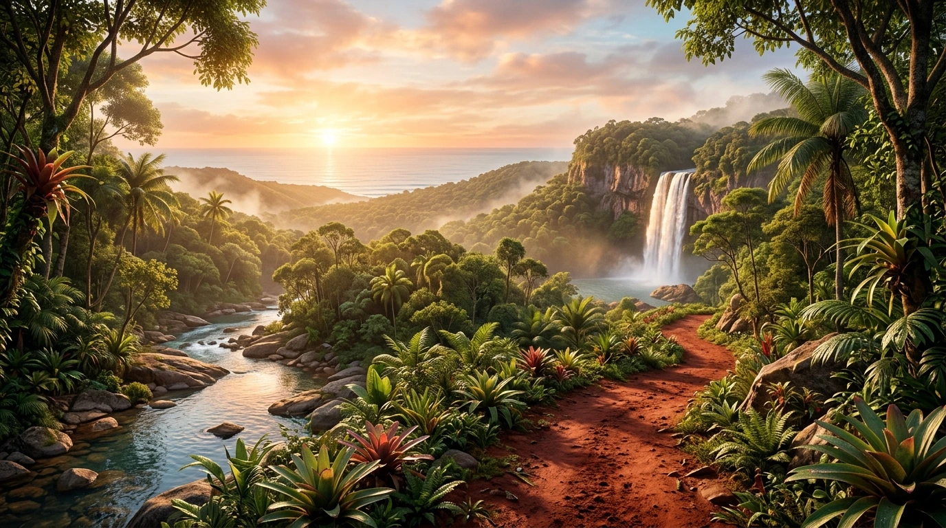 Paisagem imaginária que reúne água, mata, mar e caminhos como metáfora dos domínios da natureza. Arte gerada por IA, não local real.