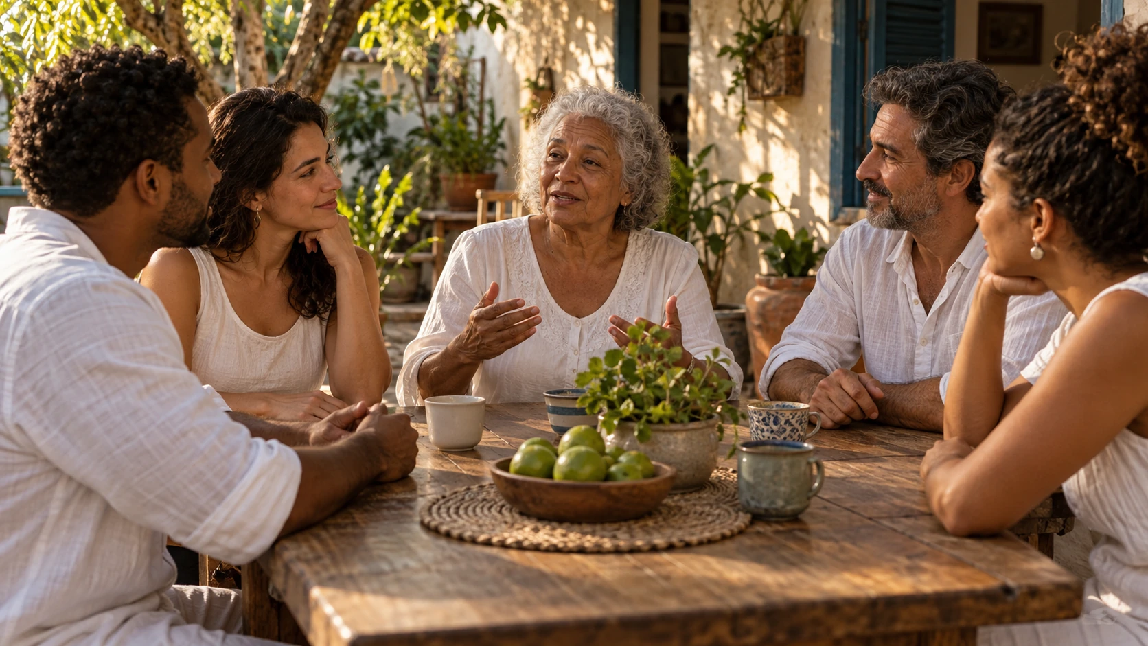 Pessoas e local fictícios em conversa acolhedora. Cena gerada por IA, não integrantes ou instalações da casa.
