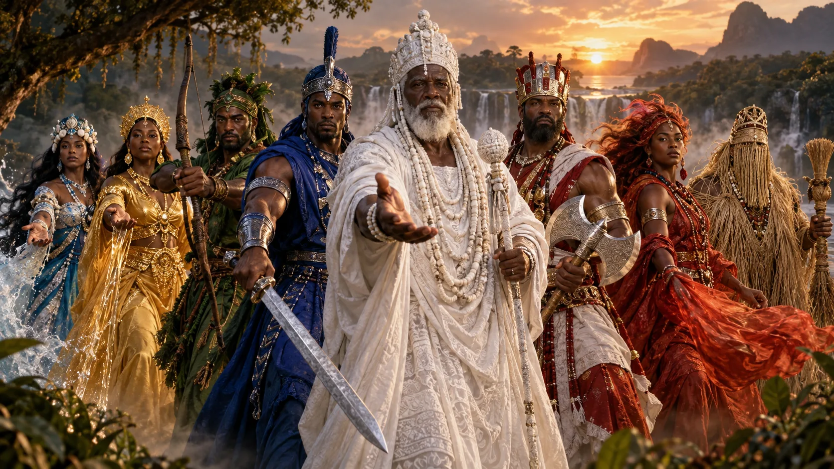 Representação artística: oito Orixás de frente, olhando para quem vê a tela: Oxalá ao centro, cercado por Ogum, Oxóssi, Xangô, Iansã, Oxum, Iemanjá e Omulu.
