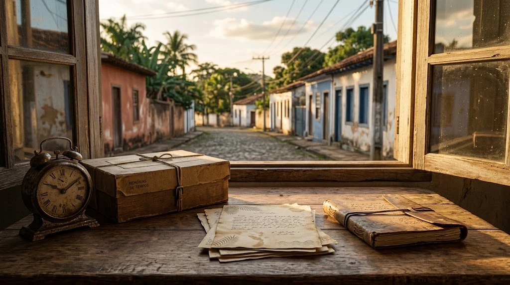 Mesa, papéis e rua fictícios como metáfora do estudo da memória. Arte gerada por IA: não são documentos, fotos, pessoas ou locais históricos reais.